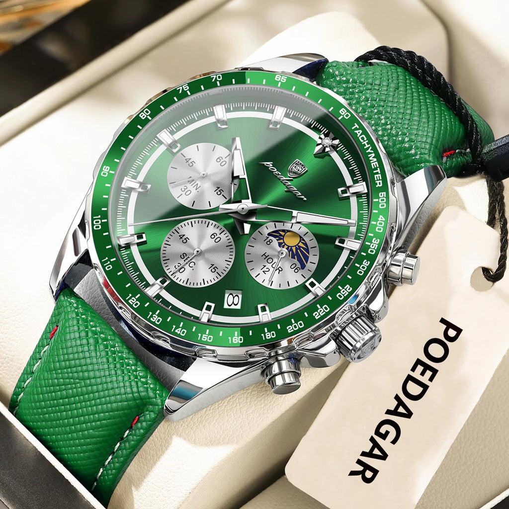 Reloj para Hombre ✨ – Elegancia Deportiva con Correa de Cuero, Cronógrafo, Calendario, Agujas Luminosas y Resistencia al Agua