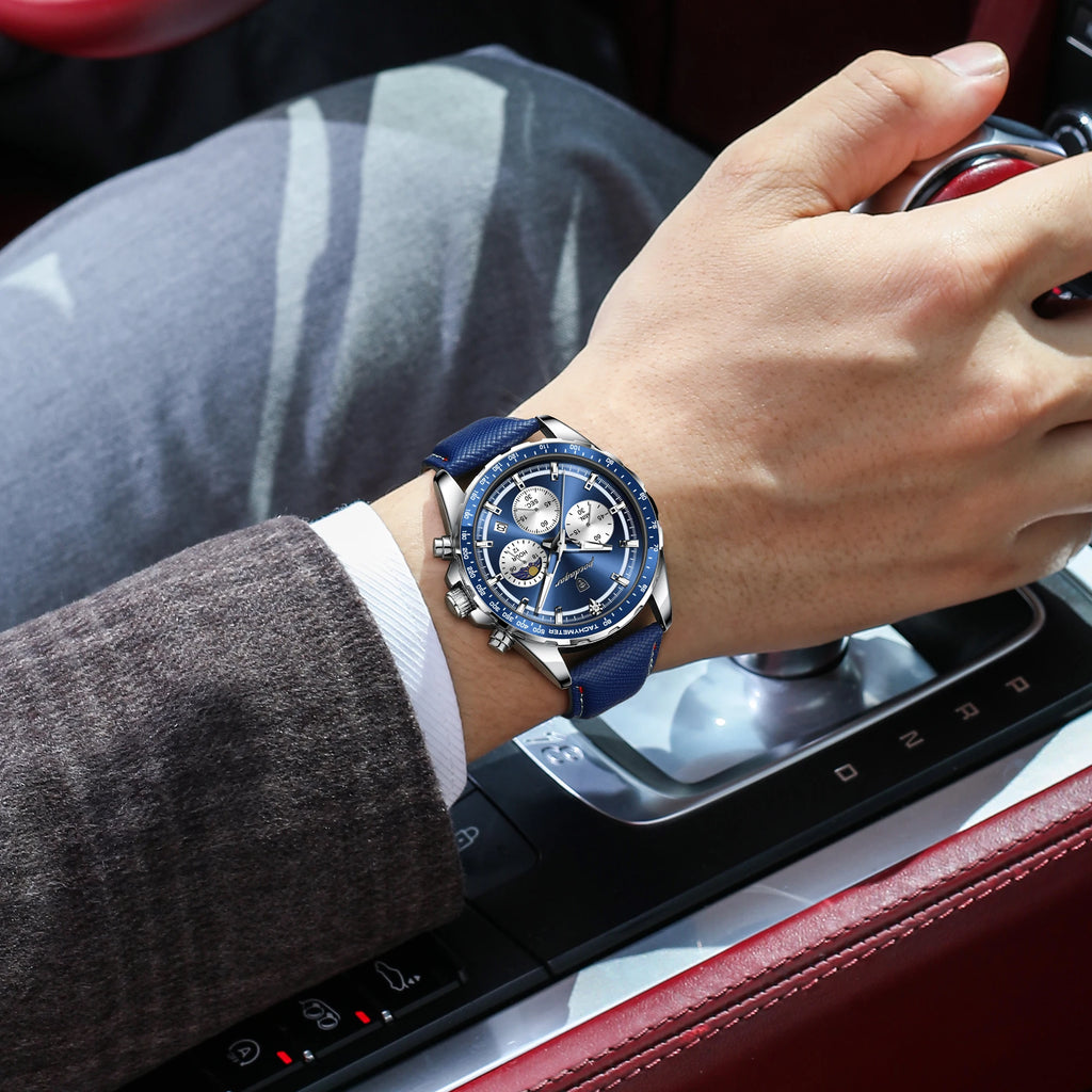 Reloj para Hombre ✨ – Elegancia Deportiva con Correa de Cuero, Cronógrafo, Calendario, Agujas Luminosas y Resistencia al Agua