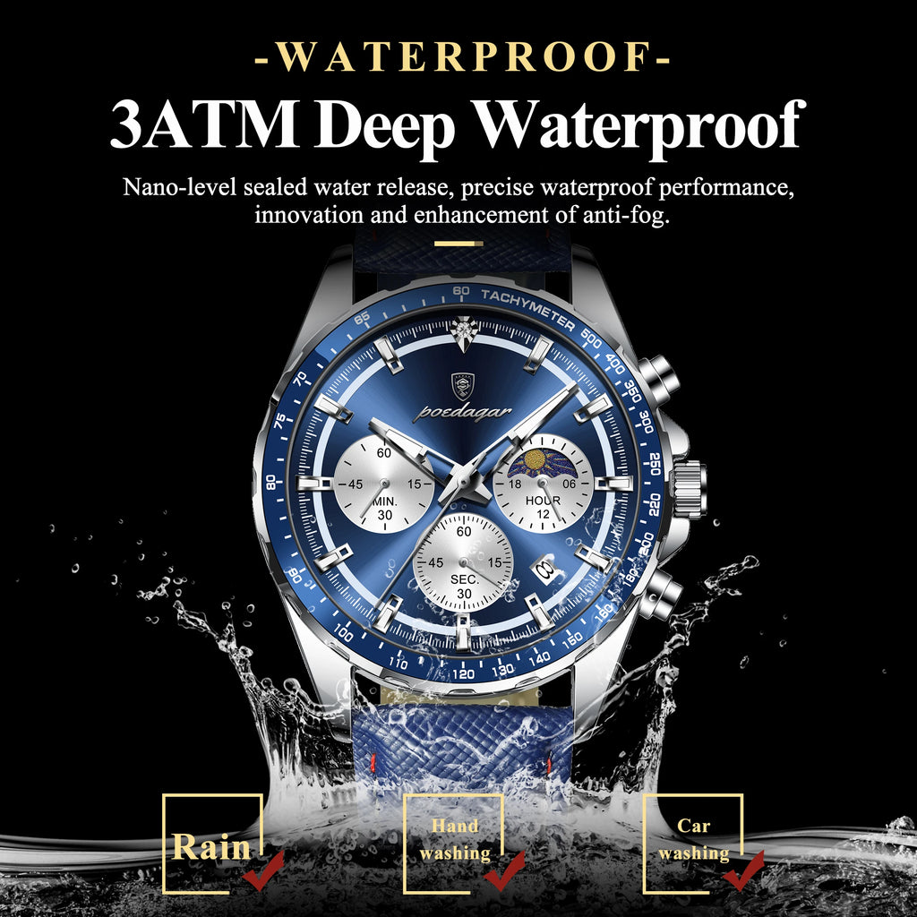 Reloj para Hombre ✨ – Elegancia Deportiva con Correa de Cuero, Cronógrafo, Calendario, Agujas Luminosas y Resistencia al Agua
