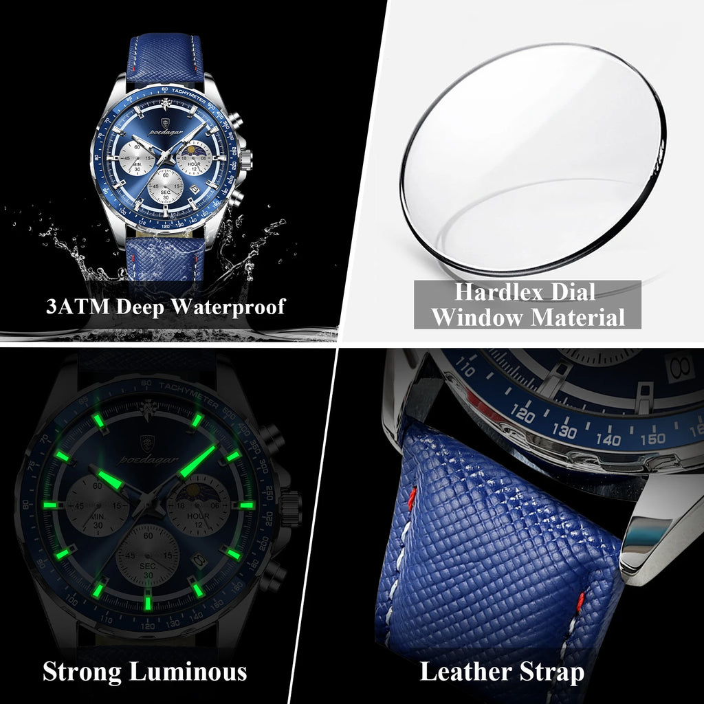 Reloj para Hombre ✨ – Elegancia Deportiva con Correa de Cuero, Cronógrafo, Calendario, Agujas Luminosas y Resistencia al Agua